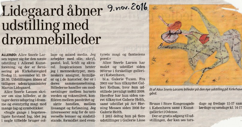 Presseklip 9. nov. 2016 i forbindelse med udstillingen på i Kirkehavegård i Allerød
